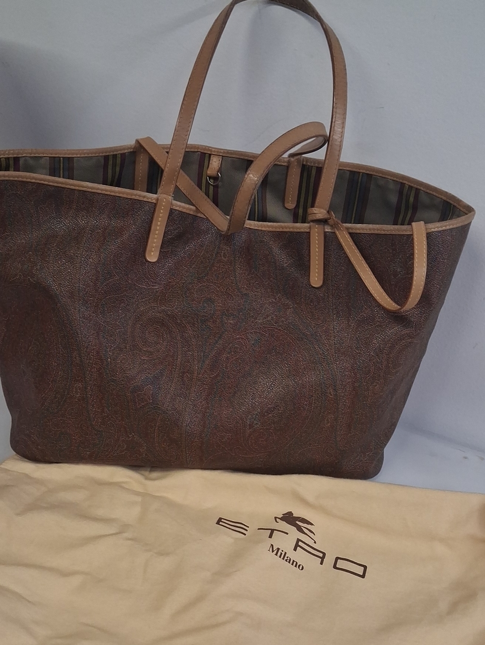 Etro Brown Paisley Printed Coated Canvas And Leather Tote Bag W/small Bag